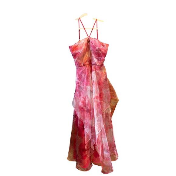 Eliza j floral poppy pink chiffon gown dress 6 flawed - Picture 8 of 13